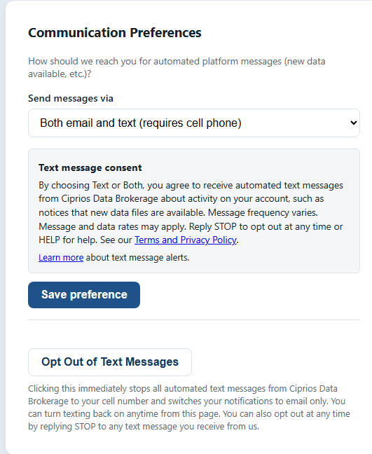 Screenshot of the signed-in Ciprios Profile page: the Communication Preferences card with the Send messages via control set to Both email and text, the text message consent shown directly beneath it, and the Save preference button.